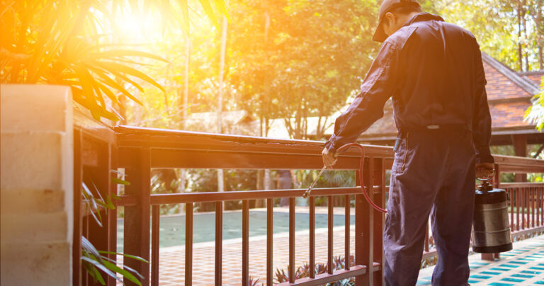 Pest Control Employee Spraying Solution Outside