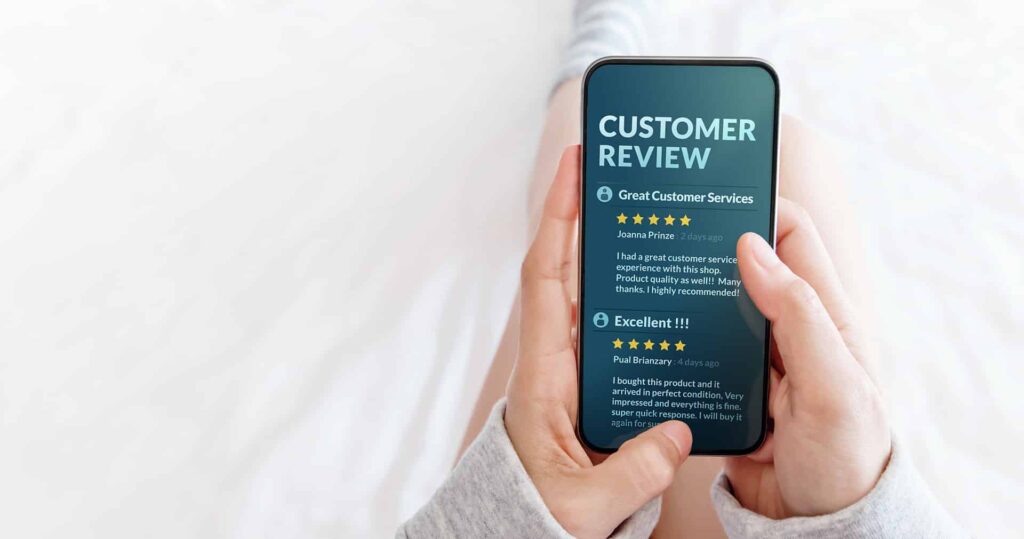 Customer-Reading-Reviews-on-a-Smartphone