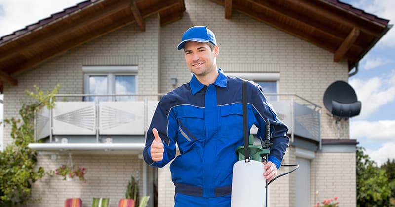 Pest control worker smiling and holding thumbs up
