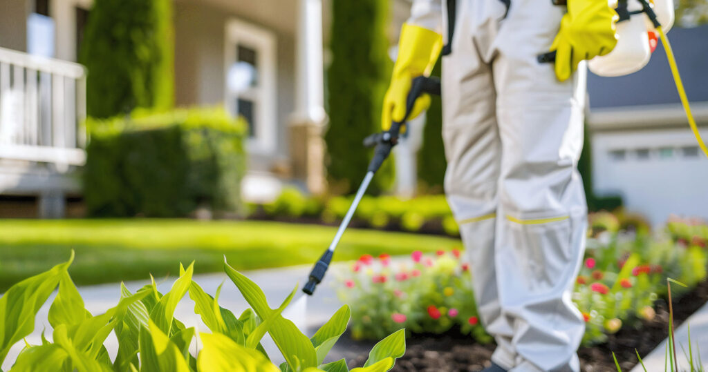 Pest-control-technician-in-white-suit-spraying-garden