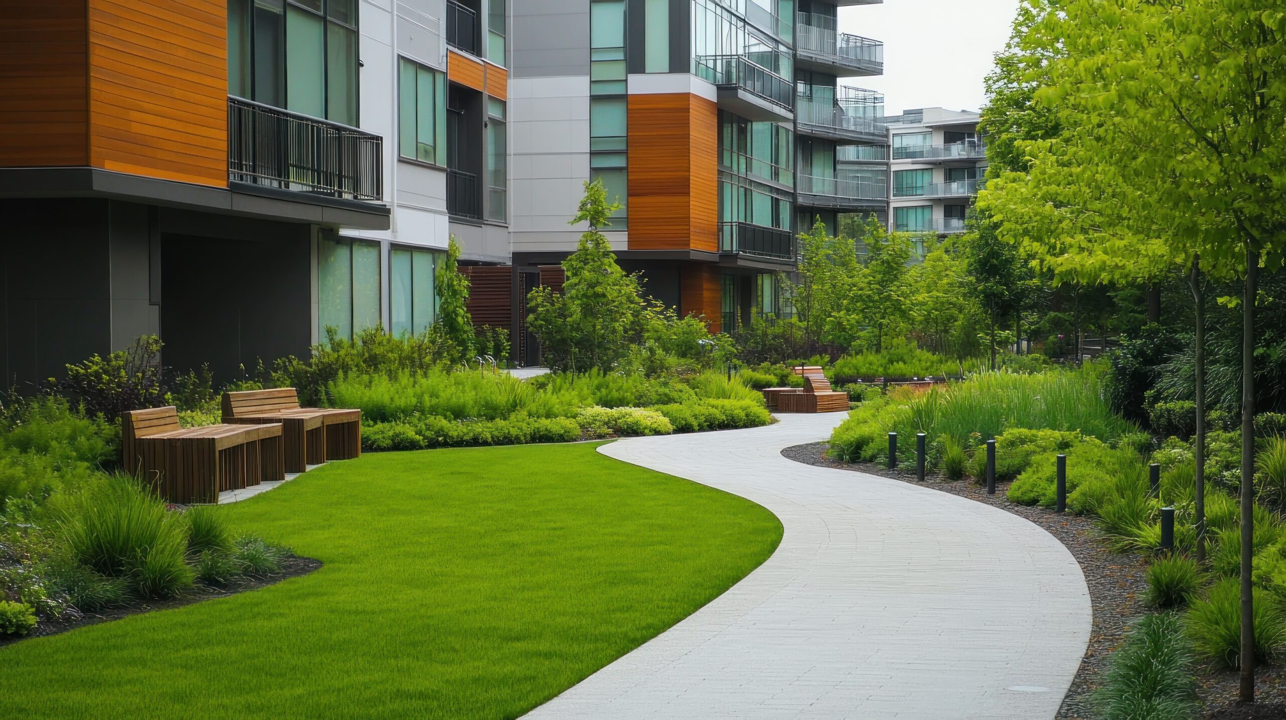 Modern apartment complex courtyard featuring landscaped walkways, a well-maintained green lawn, and benches