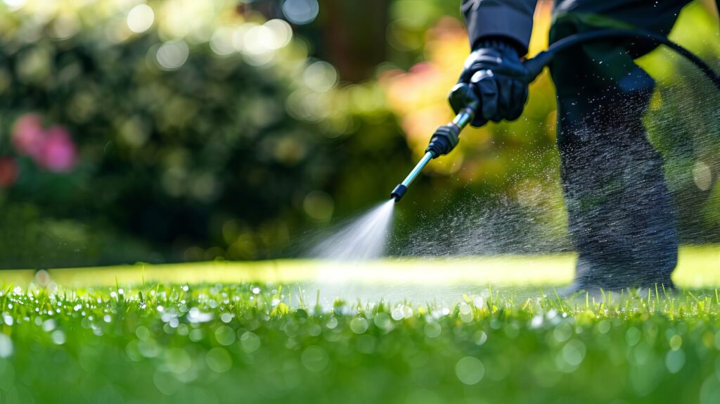 Professional applying treatment to grass, showcasing effective lawn care advertising ideas for promoting expert lawn services.