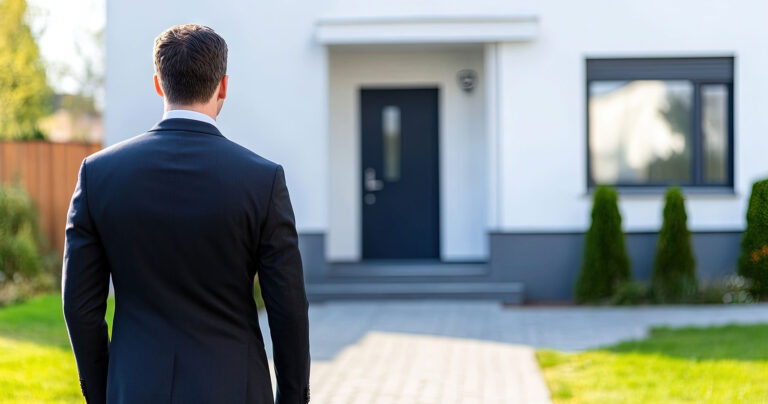 a door to door pest control salesman approaching a house