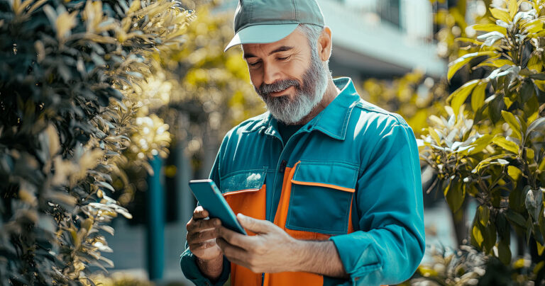 Professional-landscaper-using-lawn-care-app