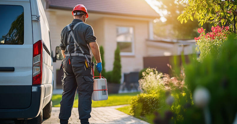 Pest control technician standing in front of residential home with equipment