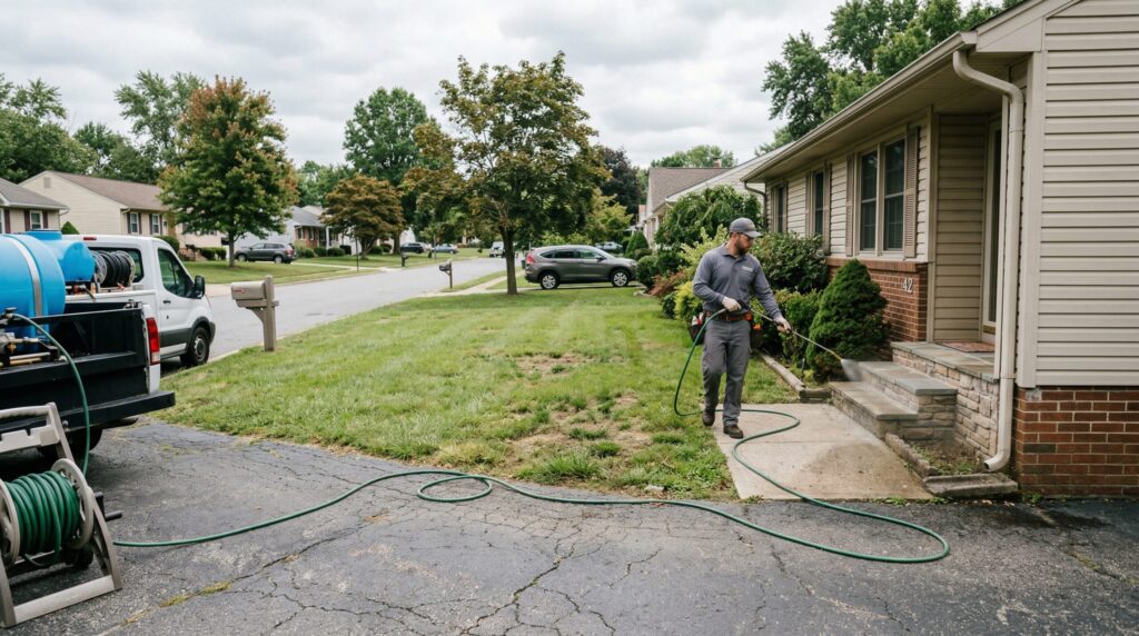 Pest Control Technician Spraying Home