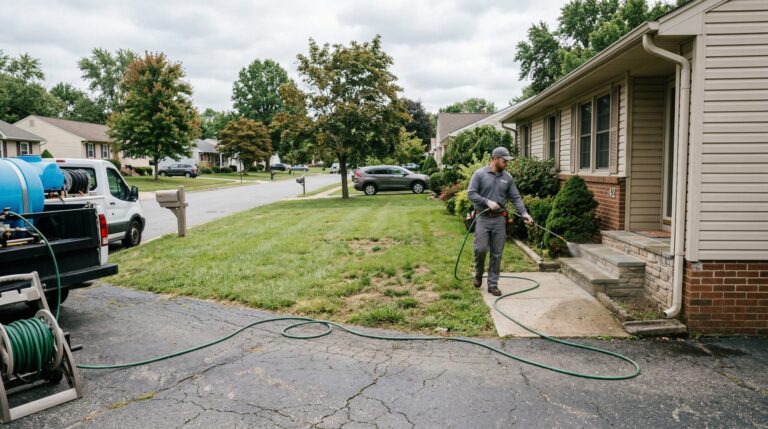 Pest Control Technician Spraying Home