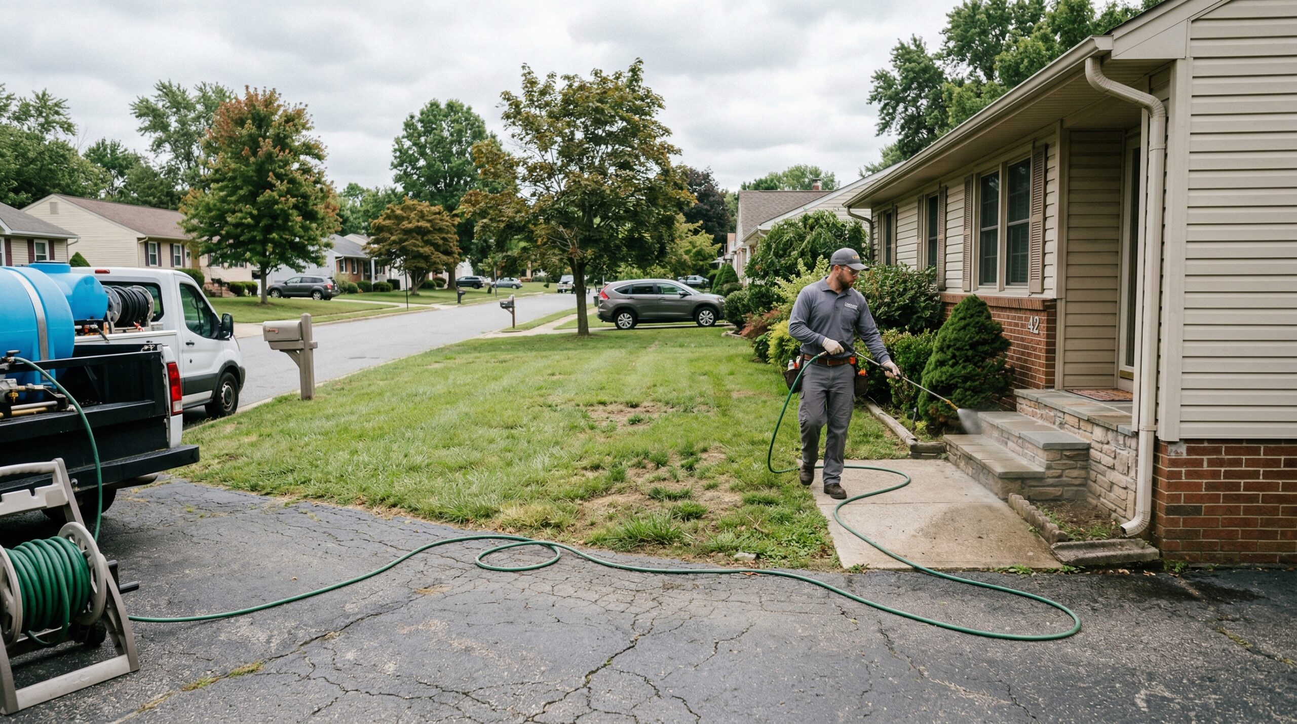 Pest Control Technician Spraying Home