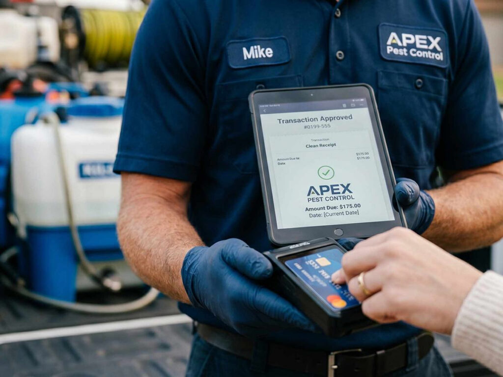 Pest control customer making payment with card on tablet held by technician close-up