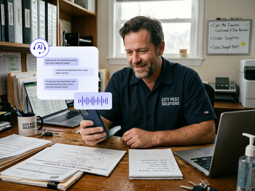 Pest control owner sitting at desk looking at phone using AI receptionist