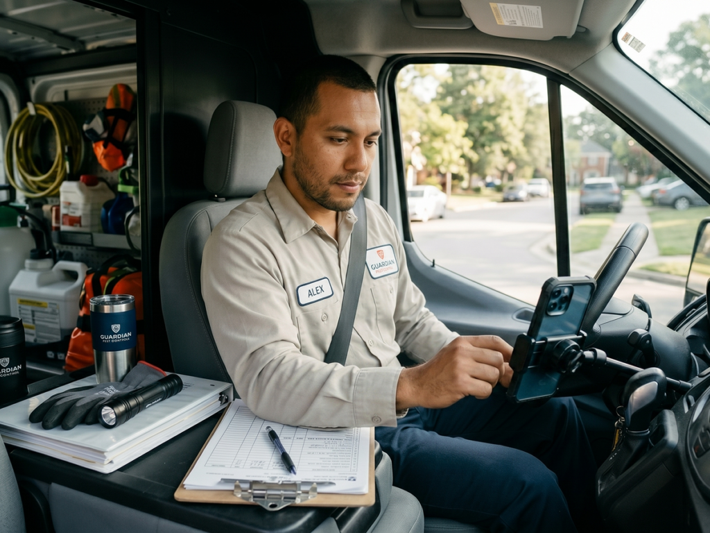 Pest control technician in truck looking at route on phone
