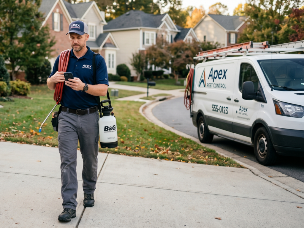 Pest control technician walking to house with supplies and truck in background