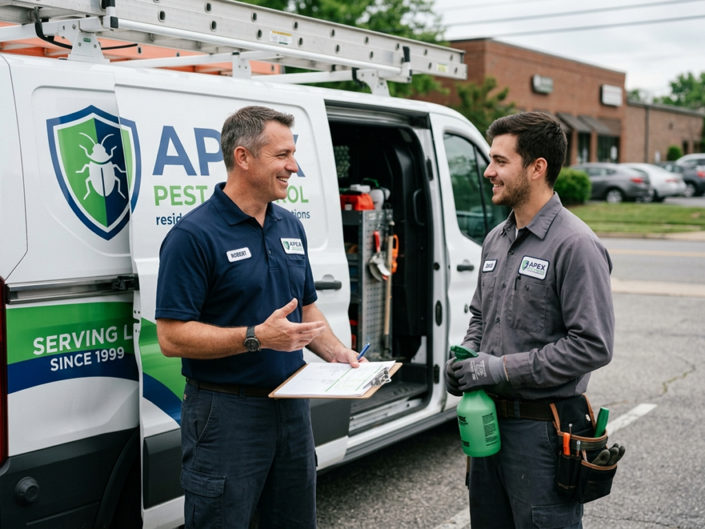 Pest control manager talking to technician near open work truck