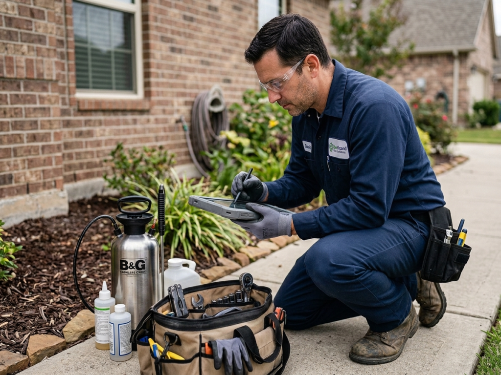 Pest control technician assessing outdoor garden area, filling out service report on tablet