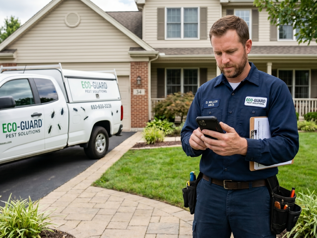 Pest control technician on phone holding clipboard in front of customer house