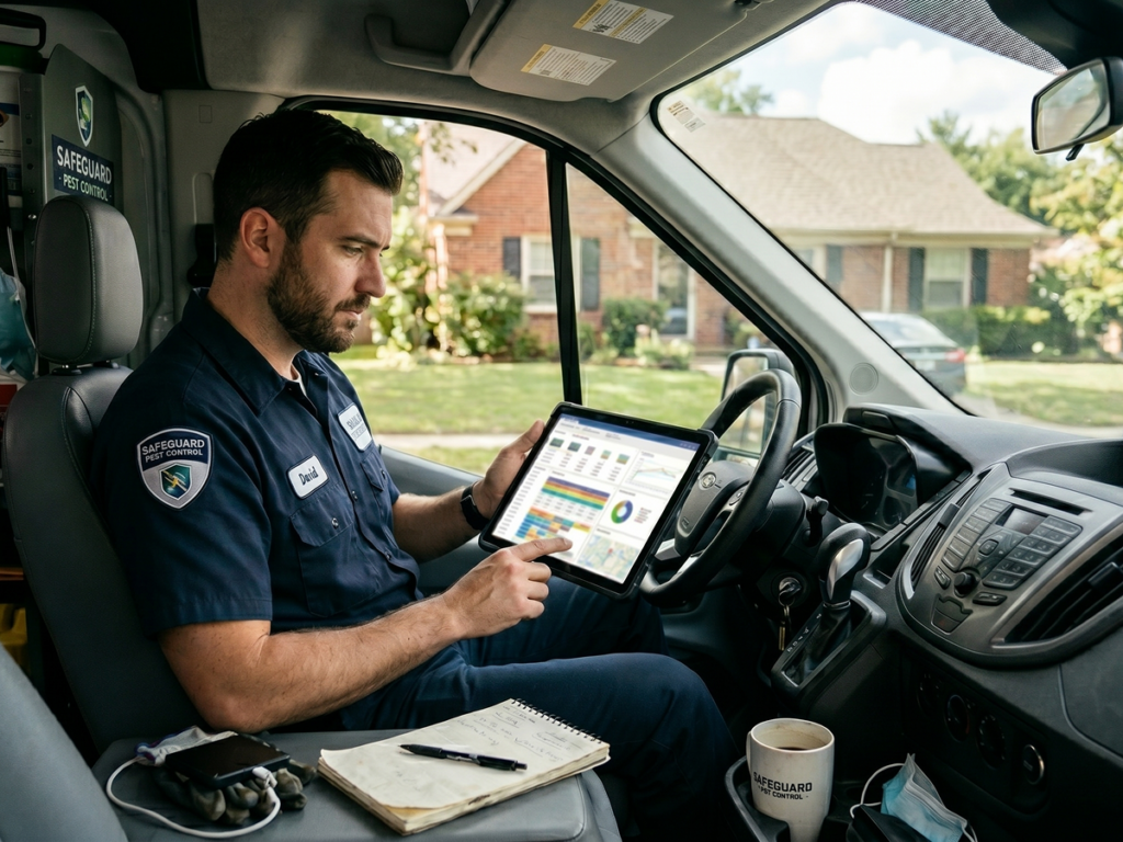 Pest control technician sitting in truck looking at business platform on tablet
