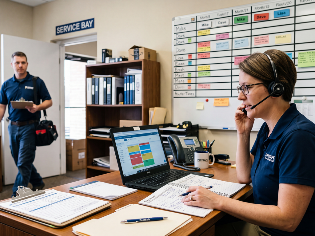 Manager on headset at desk working on pest control service schedule