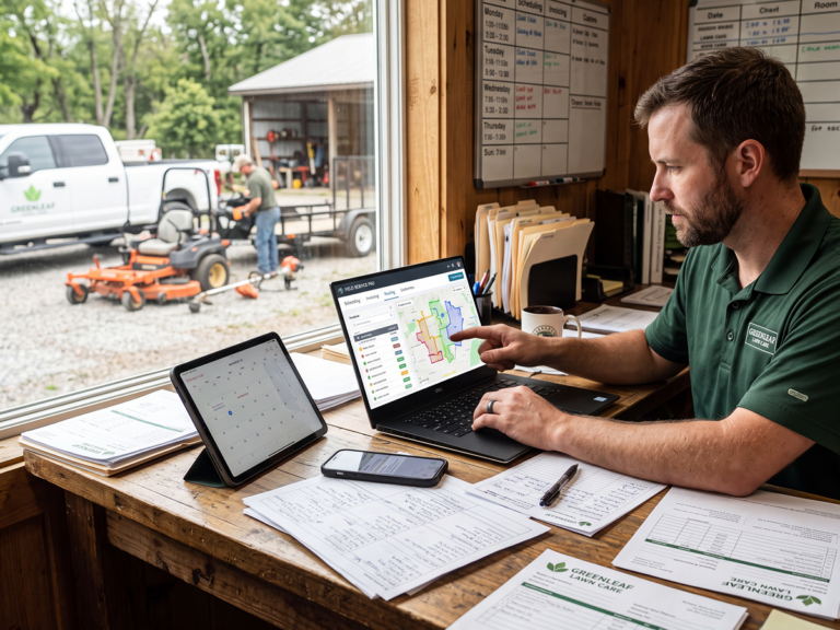 Lawn-care-company-manager-at-desk-looking-at-software-on-computer