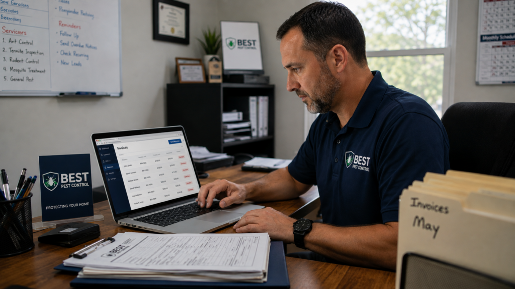 Pest-control-manager-at-desk-looking-at-paperwork