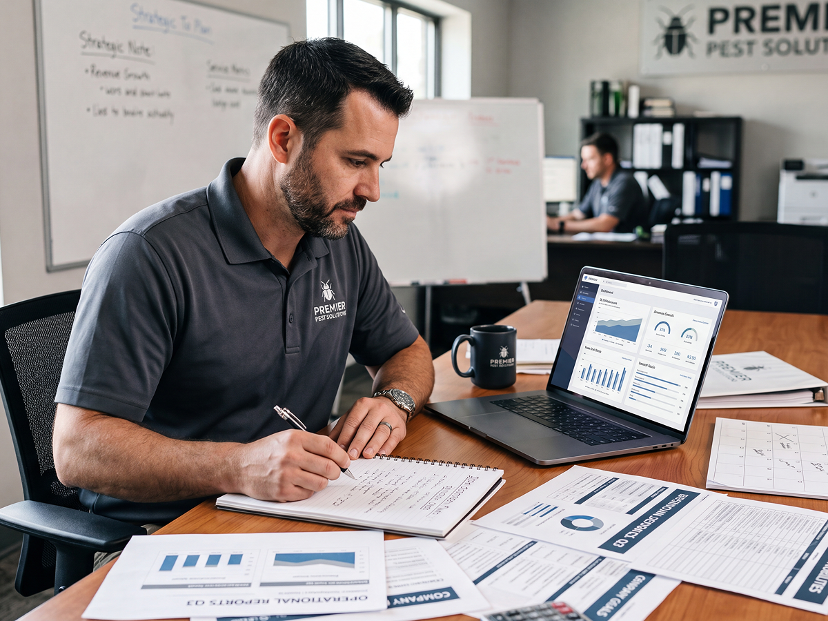 Pest-control-manager-at-desk-working-on-business-documents