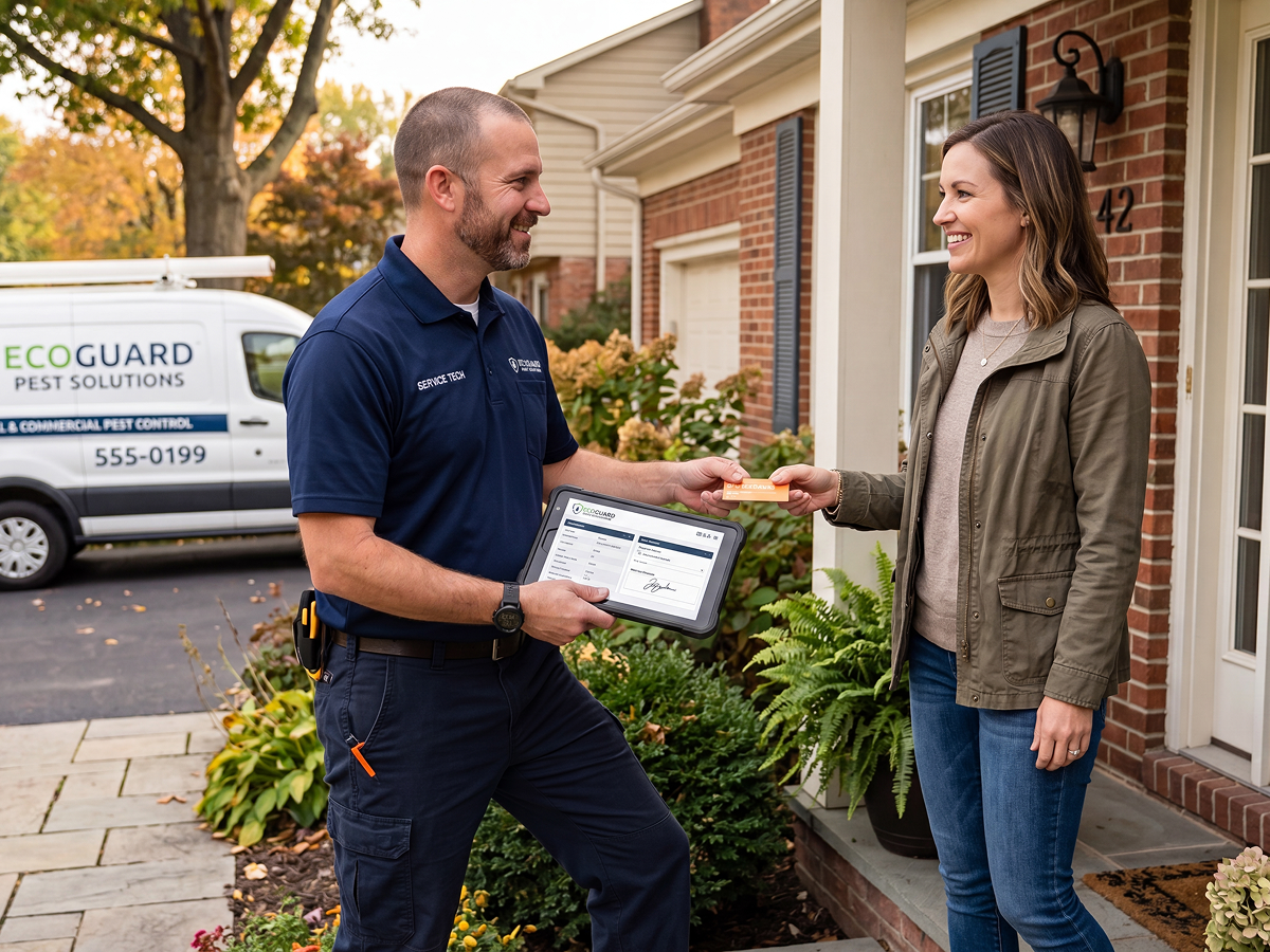 Pest-control-technician-at-customer-home-handing-her-referral-card