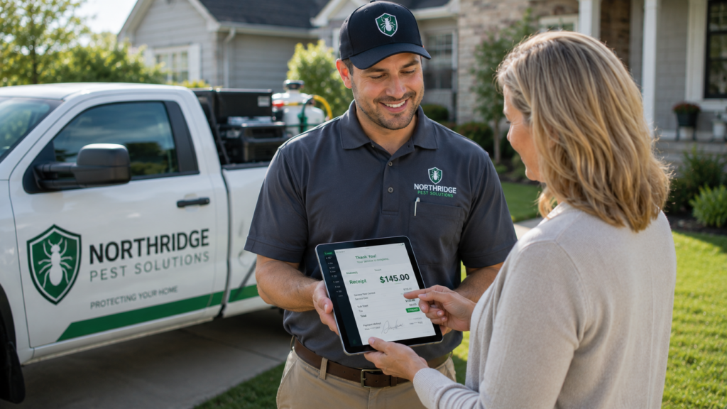 Pest-control-technician-showing-receipt-to-customer-on-tablet