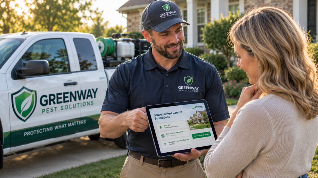 Pest-control-technician-with-customer-showing-her-seasonal-promotion-offers-on-tablet