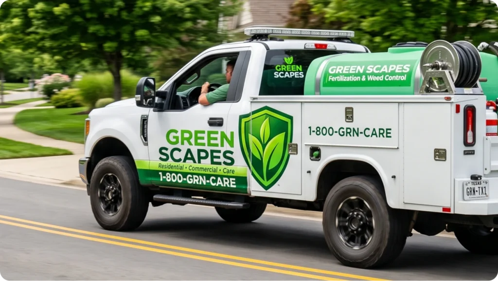 a lawn care truck driving its route