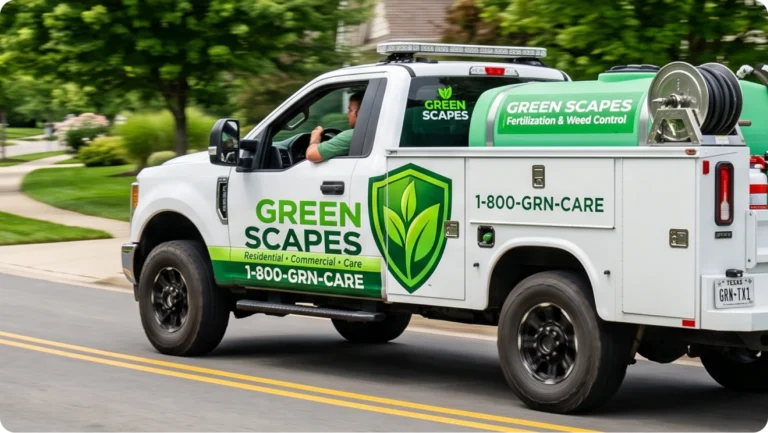a lawn care truck driving its route