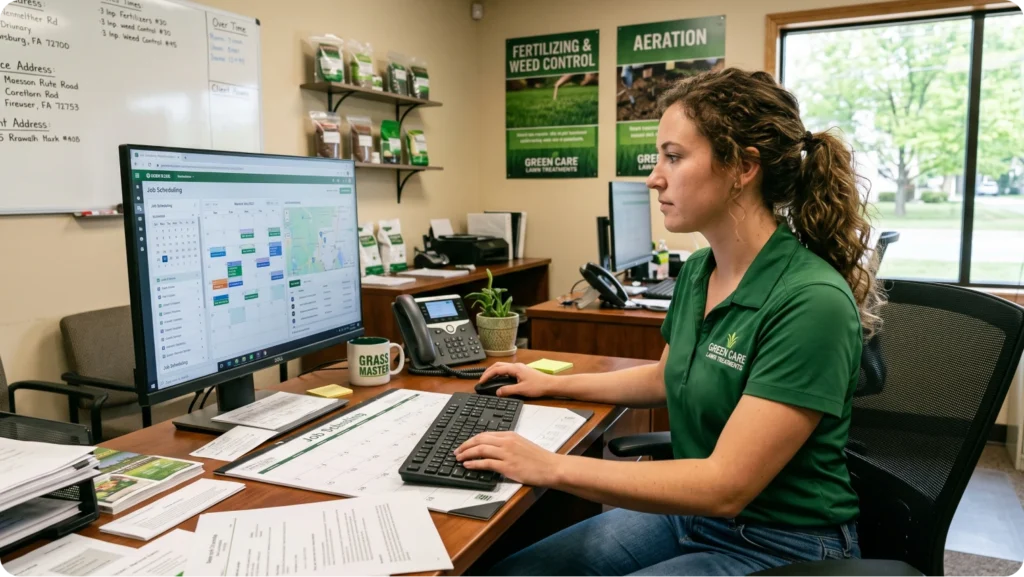 a person sitting at an office computer scheduling lawncare jobs around the seasons