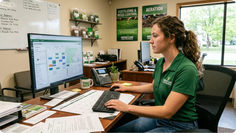 a person sitting at an office computer scheduling lawncare jobs around the seasons
